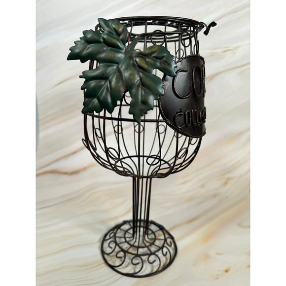 Wine Glass Cork Holder 12" x 6" Grapevine Black Metal Wire Cage Bar Decor - Picture 3 of 9